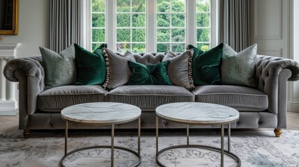 Elegant grey couch with emerald pillows and two marble-topped coffee tables