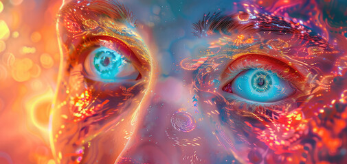 Wall Mural - A mesmerizing digital artwork depicting two eyes, one blue and the other red with vibrant patterns of light swirling around them, set against an abstract background