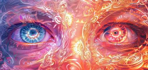 Wall Mural - A mesmerizing digital artwork depicting two eyes, one blue and the other red with vibrant patterns of light swirling around them, set against an abstract background