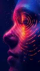 Wall Mural - generative face illustration with lines like a fingerprint neon light reflected in the skin surface