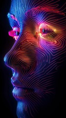 Wall Mural - generative face illustration with lines like a fingerprint neon light reflected in the skin surface