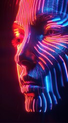 Wall Mural - generative face illustration with lines like a fingerprint neon light reflected in the skin surface