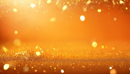 abstract luxury shiny golden glitter particles and sparkles bokeh effect on orange background for poster presentation design template with copyspace