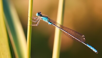 blue tailed damselfly ischnura elegans clinging to plant stalk