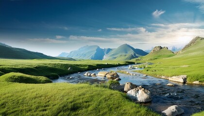 Wall Mural - epic landscape of grassy plain and river with rocky banks natural background nature landscape wallpaper banner created using generative ai tools