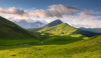 Wall Mural - a serene highland landscape with lush green pastures rolling hills and majestic mountains