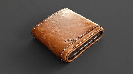 Wall Mural - Tan leather wallet with white stitching, isolated on black background.