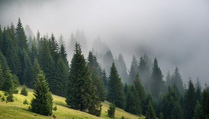 Wall Mural - misty pine forest on the mountain slope in a nature reserve