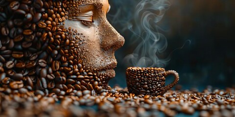 Wall Mural - Intricate sculpture formed entirely from coffee beans with a steaming mug beside it