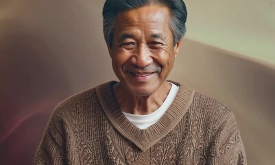 Poster - Portrait video of a satisfied Indonesian man in his 50s wearing a chic cardigan against an abstract background 