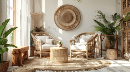 Cozy Ethnic Living Room: Wicker Furniture, Rattan Armchair, Bamboo Table, Macrame Decor