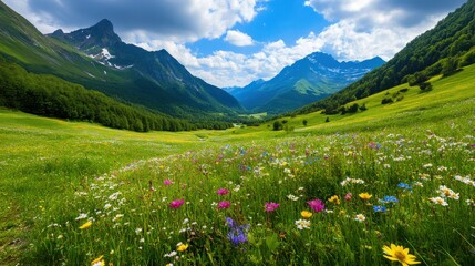 Majestic Mountain Meadow with Wildflowers