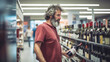 © dvoevnore - Middle aged man choosing wine bottle on store shelf, concept of selection and shopping