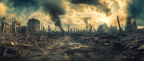 post apocalyptic landscape with ruined city after nuclear war.