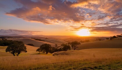 Wall Mural - an orange sunset illuminates serene natural landscape containing rolling hills trees and fluffy clouds invoking feelings of freedom and tranquility ultra hd 8k