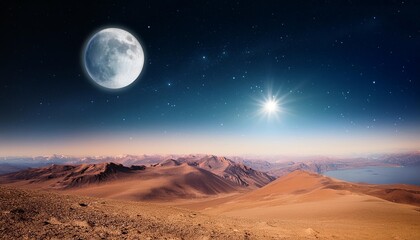 Poster - a beautiful landscape of a distant planet with a bright moon and a starry sky ai