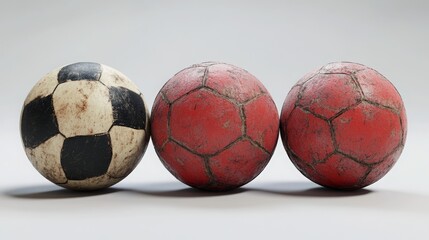 Wall Mural - Three weathered soccer balls isolated on white.