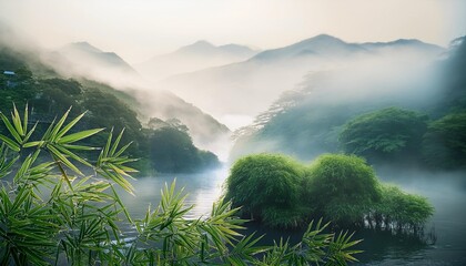 Wall Mural - bamboo art in japanese style foggy atmosphere of bamboo forest river mountains and hills