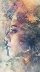 Wall Mural - female profile portrait artistic poster illustration blending beautifully with abstract elements