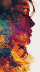Wall Mural - female profile portrait artistic poster illustration blending beautifully with abstract elements
