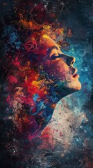 Wall Mural - female profile portrait artistic poster illustration blending beautifully with abstract elements
