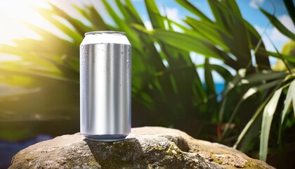 a drink from an aluminum can on top of a rock drink can for mockup graphic art on tropical background with natural light