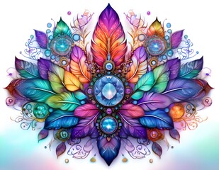 Wall Mural - Flowers, Feathers and Crystals Vibrant and Colourful Illustration