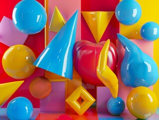 Vibrant and glossy 3D shapes in bold primary colors