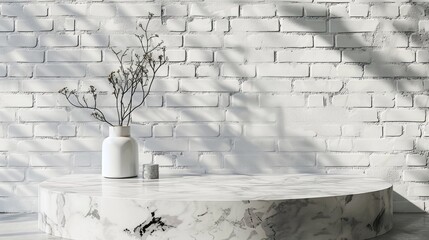 Canvas Print - Marble podium placed on bathroom table in front of white brick wall