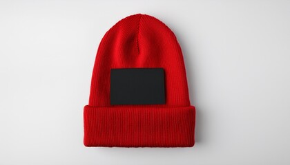 black unbranded mockup label on a white background attached to a red knitted beanie hat