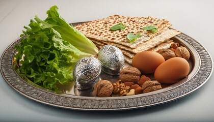 a silver plate with traditional jewish treats for passover baked egg lettuce horseradish bone nuts and matzah a symbol of the jewish passover