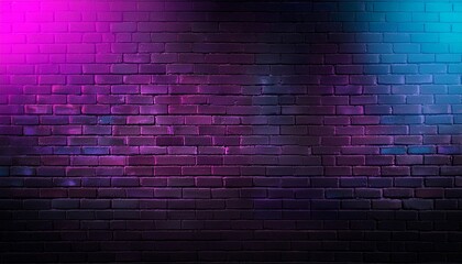 Poster - black brick wall background with neon lighting effect pink purple and blue glowing lights on empty brick wall background