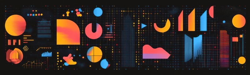 Poster - abstract banner with a mix of free geometric graphic elements in a grid with vibrant colors on a black background