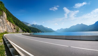 Wall Mural - asphalt highway road and lake with mountains nature landscape on a sunny day beautiful coastline in summer season