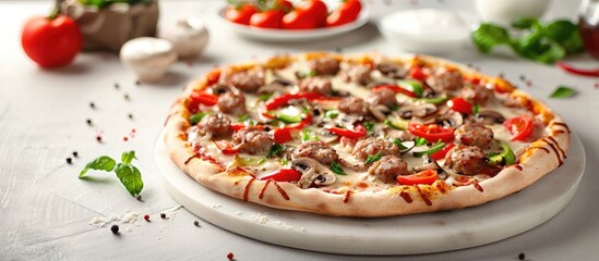 Italian homemade pizza with sausage, Mozzarella cheese, mushrooms, tomatoes, and pepper on a white table, creating a copy space image, representing Italian cuisine.