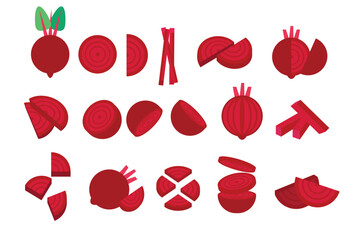 Wall Mural - Set of Red Beet, Farm fresh Beet product emblem for grocery shop, Slides, long and cross sections, and different positions, simple flat vector illustration of vegetables and fruits.