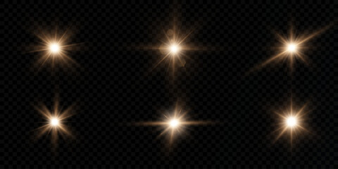 Wall Mural - Shining light effects isolated on dark background, glare, shimmer, golden light particles. Vector stars set.