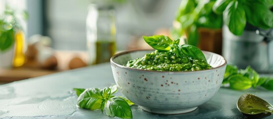 Pesto sauce with a spoon displayed on a kitchen table, offering ample copy space image.