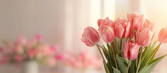 Wall Mural - Pink tulip bouquet displayed on a table with copy space image.