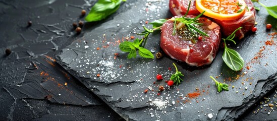 Wall Mural - Fresh veal presented on a slate plate with spices and herbs, set on a stone background, suitable for copy space image.