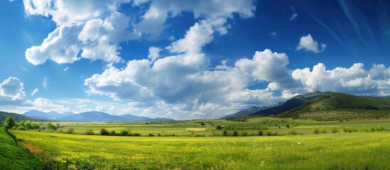 Sticker - Scenic countryside view with mountains, a wide blue sky, and fluffy clouds above a field on a sunny spring day; ideal for adding text with a 'copy space image.'