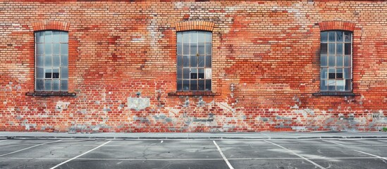 Wall Mural - Office building in red brick with a parking lot, an aged vintage brick wall, abstract brick wall background, including space for including text in the image. image with copy space