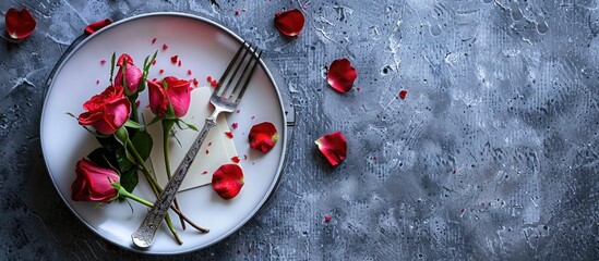 Mother's day concept with a plate featuring a fork and knife adorned with rose decorations, accompanied by a greeting card; perfect for gifting, copy space image.