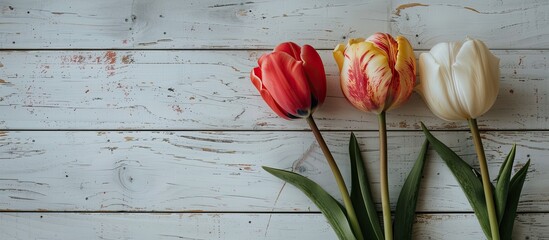 Wall Mural - Three tulips beautifully arranged on a white wooden surface with copy space image.