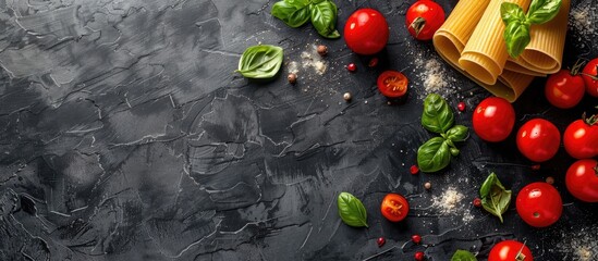 Wall Mural - Top view of Italian tortiglioni pasta ingredients with cherry tomatoes and basil on a black wood backdrop, with room for text or other image elements. image with copy space