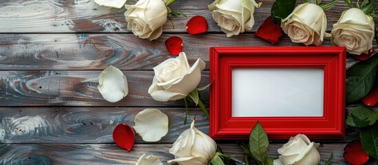 Wall Mural - Top view of Valentine's Day concept featuring white roses and a red photo frame on a natural wooden background with copy space image.