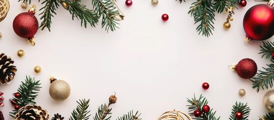 Top view of a festive Christmas-themed frame on a white backdrop with copy space, perfect for a New Year flat lay image.