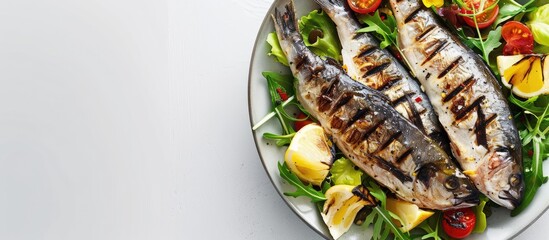 Sticker - Grilled Sea Bream Dorado fillets are displayed on a bed of fresh salad in a top view, with a white background showcasing ample copy space image.