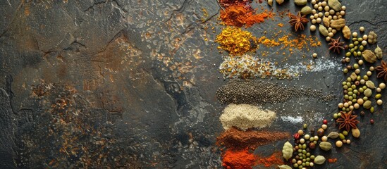 Wall Mural - Various spices arranged creatively on a textured stone surface with ample copy space image.