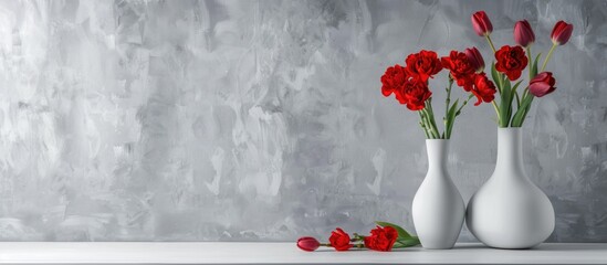 Wall Mural - Modern vases holding red carnations and tulips against a gray wall with space for text or images. image with copy space